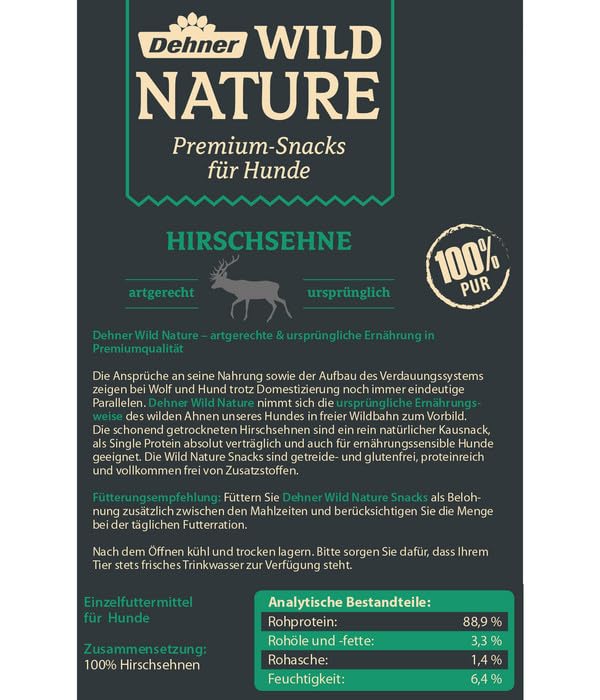 Dehner Wild Nature Hundesnack, Leckerli 100 % natürlich, Kausnack für ausgewachsene / sensible Hunde, Barf geeignet, Hirschsehne, 200 g