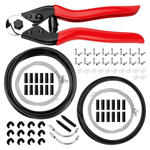 103Pcs Bike Brake Cable Kit with Stainless Steel Wire Cutter Including Brake and Shifter Cable Cable End Caps O-Rings C-Clips Clamps Rubber Sleeve and V Brake Guide Inside