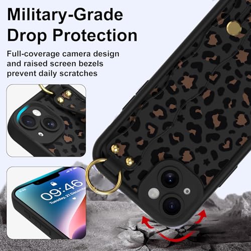 Coque iPhone 14 avec dragonne léopard noir et support intégré