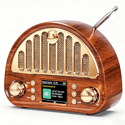 Radio Vintage Dab+/FM Bluetooth Portable, Poste Radio Numérique avec Batterie Rechargeable 3000 mAh, Double Réveil, 80 Préréglages, AUX, Carte Micro SD,...