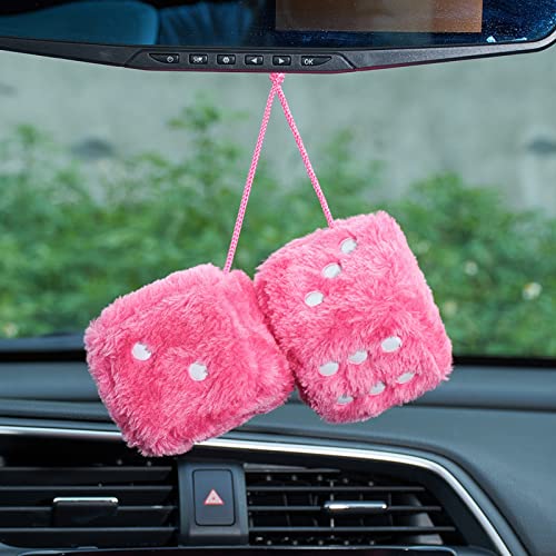 Image of 2.95'' Retro Fuzzy Plush Dice Car Charm Square Rear View Mirror Hanging Ornament Accessories, Pink