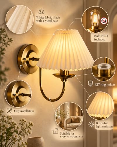 Homesake Antique Brass Wall Sconce, E27, Gold, Pleated off-white - Image 8