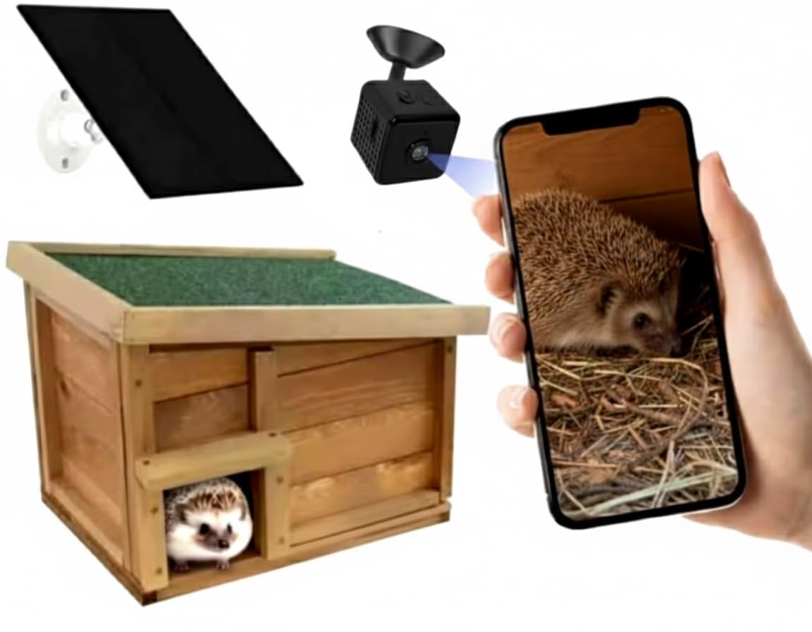 Smart Hedgehog House with HD Camera – Solar-Powered Wi-Fi Wildlife Box with Night Vision & Audio, Live Stream to Phone, Weatherproof Wooden Hedgehog Shelter, Eco Gift for Nature Lovers