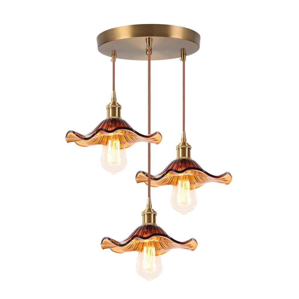 LIGINOK 3 Vintage Chandelier Ceiling Lights in Glass Amber Flowers E27 Adjustable Height Hanging Lamp for Dining Room Living Room Bedroom Kitchen