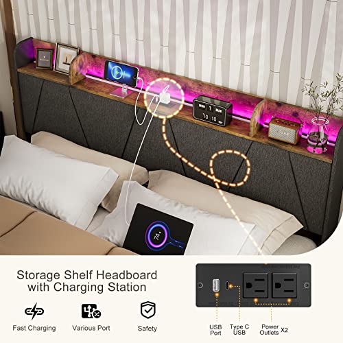 Ikifly King Bed Frame With Charging Station & Storage Shelf Headboard, Upholstered Led Platform Bed Frame With 2 Outlets And 2 Usb Ports（1 Type C）, Solid Wood Slats, No Box Spring Needed - Black #TOP3