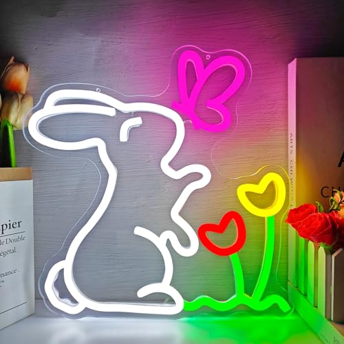 hhuohuona Spring Bunny & Butterfly & Tulip Flower Neon Sign