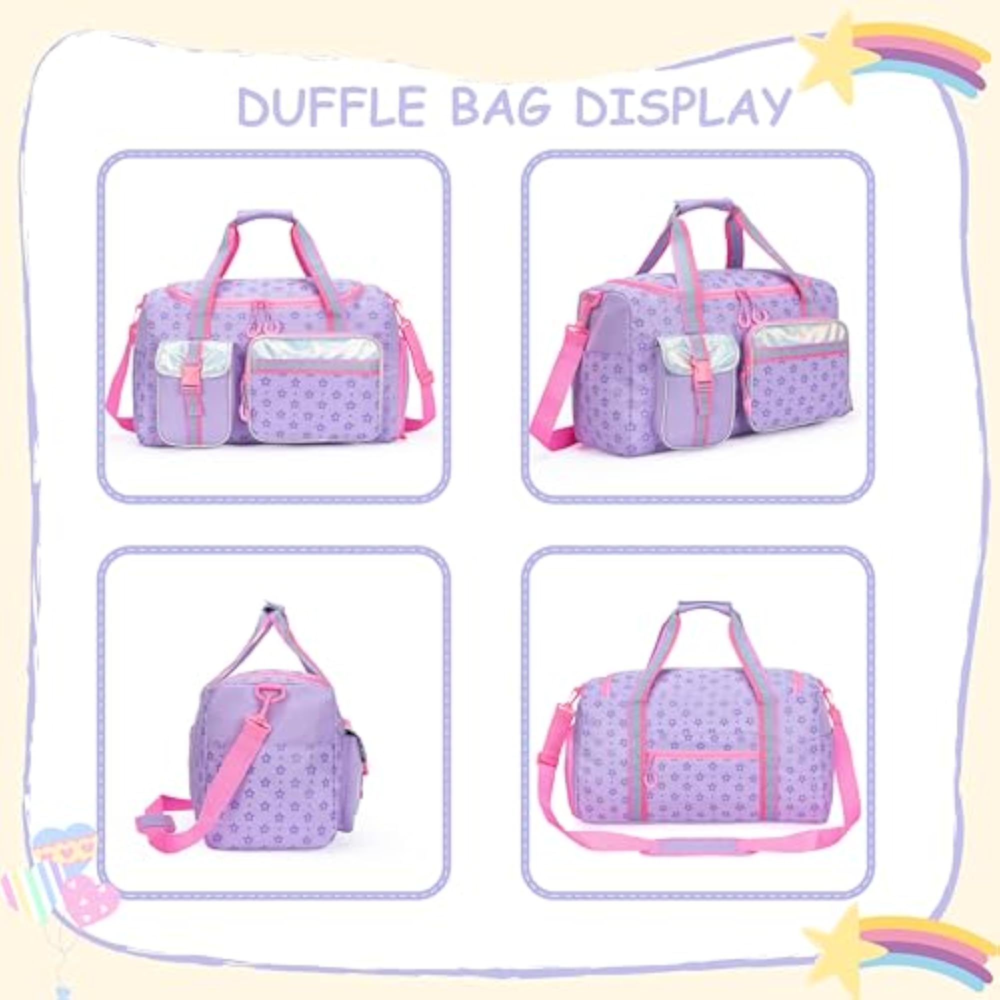 Kids Duffle Bag Girls Travel Bag, Star Purple