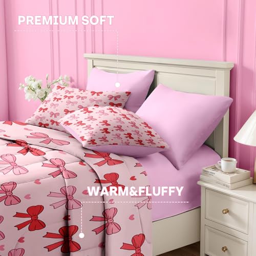 Image of Nesker Bow Comforter Set Full Size, 7 Pieces Bed in a Bag, Pink Bow Bedding Set for Girls, Princess Coquette Heart Comforter Set with 2 Pillowcases & 2 Shams