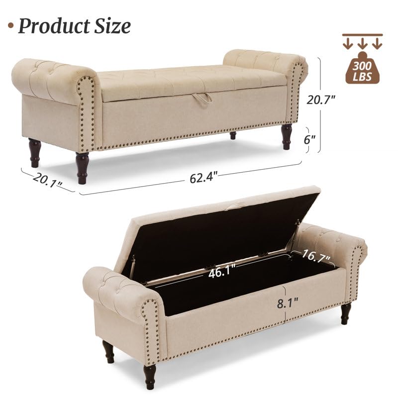Image of 3-Seater Upholstered Ottoman Bench with Storage | Cream |62.4 x 20.1 x 20.7 Inch| Elegant Multi-Purpose with 6-Inch Wooden Legs for Living Room, Bedroom, Entryway