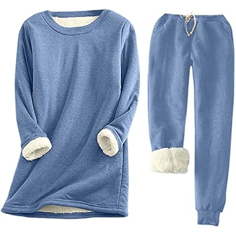 Fleece Sweatsuit Womens 2 Piece Outfits Womens Crewneck Sweatshirts Pullover Sherpa Lined Long Pants Sets Loungewear Blue Cover