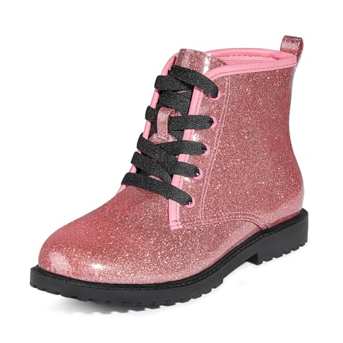 FITORY Girls/Boys Ankle Combat Boots with Side Zipper and Lace-Up, Waterproof Glitter Style, Easy On/Off Sparkle Shoes for Toddler/Little Kid/Big Kid
