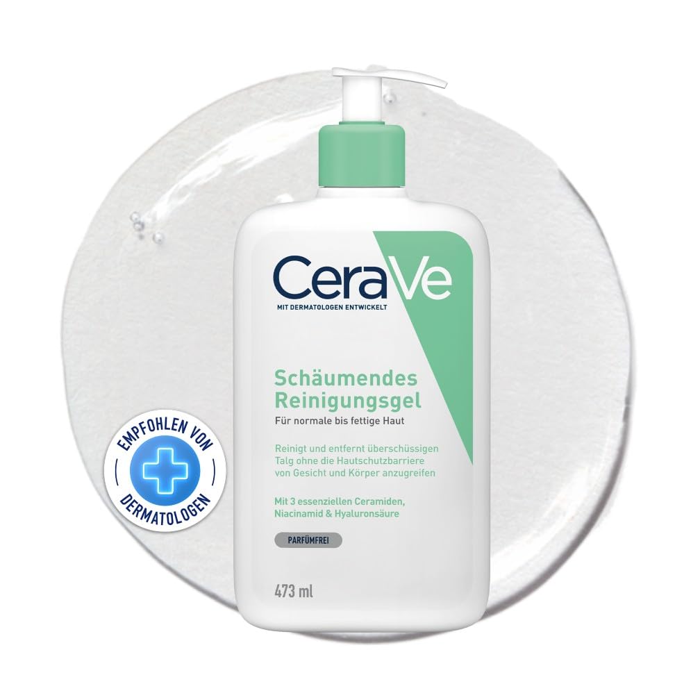 CeraVe Schäumendes Reinigungsgel, Sanftes Waschgel zum Entfernen von Verschmutzungen, Talg und Makeup, Feuchtigkeitsspendend, mit Niacinamid, Hyaluron und Ceramiden, 473 ml