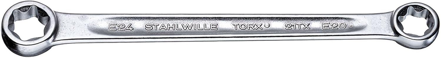 Stahlwille 41251418 21TX Double Ended Ring Wrench, Made of Chrome Alloy Steel & Chrome Plated, Slim Heads, For Work in Confined Spaces, Fits E14 & E18 External Torx Screws, L. 185 mm
