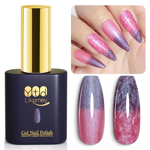 YTD Likomey Esmalte Semipermanente de Uñas en Gel UV LED,15ml Perla Lustre Dibujo Pintauñas Permanentes Camaleón de Temperatura Cambio de Color-Rosa Morado