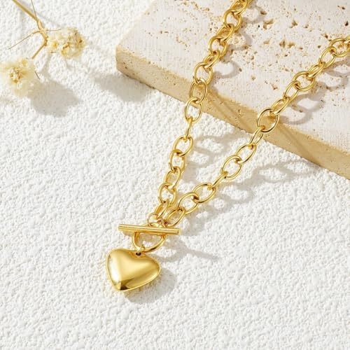 FUTIMELY Gold-Plating Heart Chunky Choker Necklaces,14K Punk Puffy Love Thick Chain Pendant Necklaces, Charm Statement Jewelry Gifts for Women3