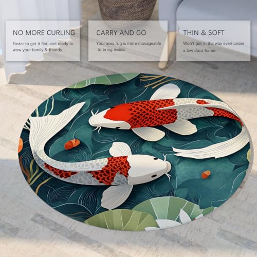 Tapis rond carpes koï rouge et blanc 150cm style chinois lavable