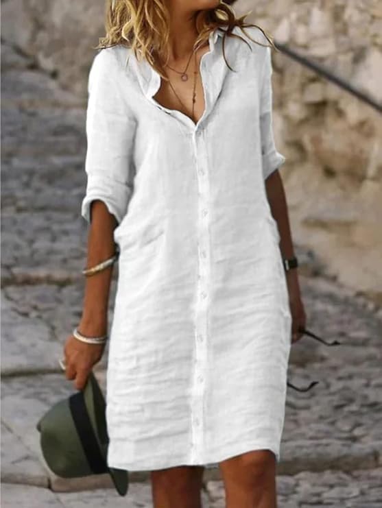 Fronage Women's Summer Midi Shirt Dresses Button Down 1/2 Sleeve Lapel Casual Cotton Linen Dress2