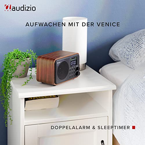 Audizio Venice - Internetradio WLAN Radio mit Fernbedienung, Akku Bluetooth Radio klein, Wecker mit Doppelalarm, Radiowecker Sleeptimer, Line-Out, DLNA, Holz Braun – Bild 3