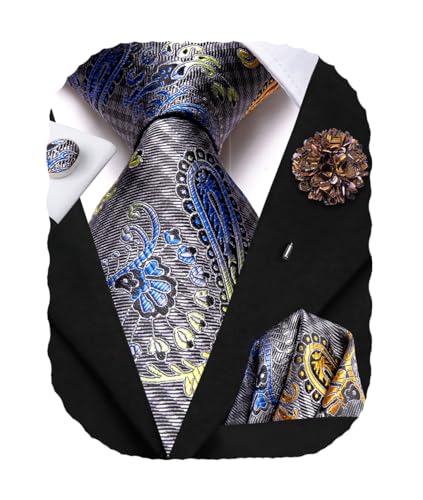 Image of Hi-Tie Men's Silk Ties Formal Woven Classic Necktie Pocket Square Cufflinks Lapel Pin Set Wedding Business