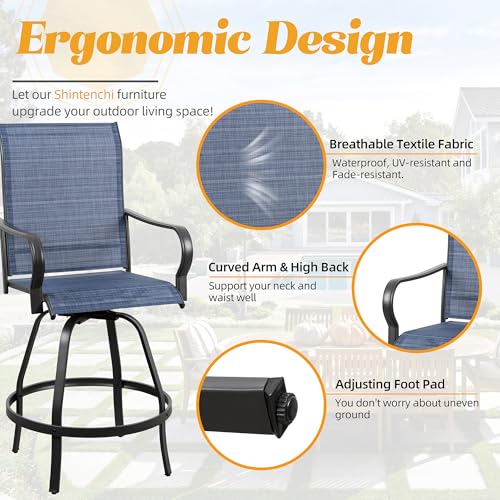 Shintenchi 5 Piece Patio Swivel Bar Set, Outdoor Patio Bar Table and Chairs Set, All Weather Textile Metal Bar Height Stools Chairs Set of 4, High Top Bistro Set for Balcony, Backyard,Garden,Deep Blue