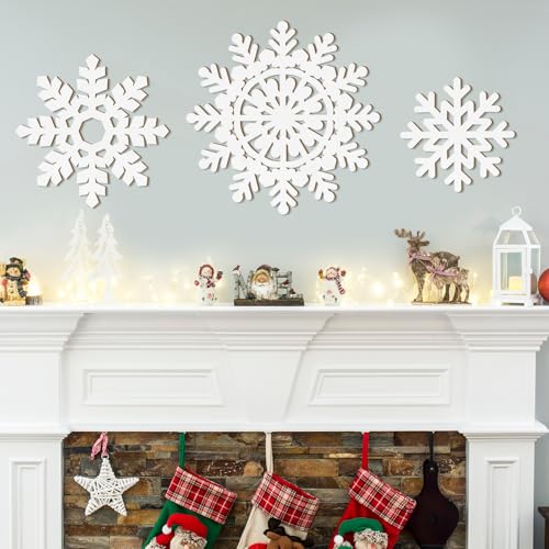 Wooden Large Snowflake Ornaments Sign Christmas Decorations 3Pack, Wood Hollow White Snowflakes Crafts Winter Hanging Plaques Decorations 3 Size of Cutouts New Year Wall Bedroom Living Room Decoration