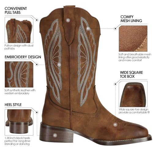 J's.o.l.e Square Toe Cowboy Boots for Women Wide Calf Cowgirl Boots Mid Calf3
