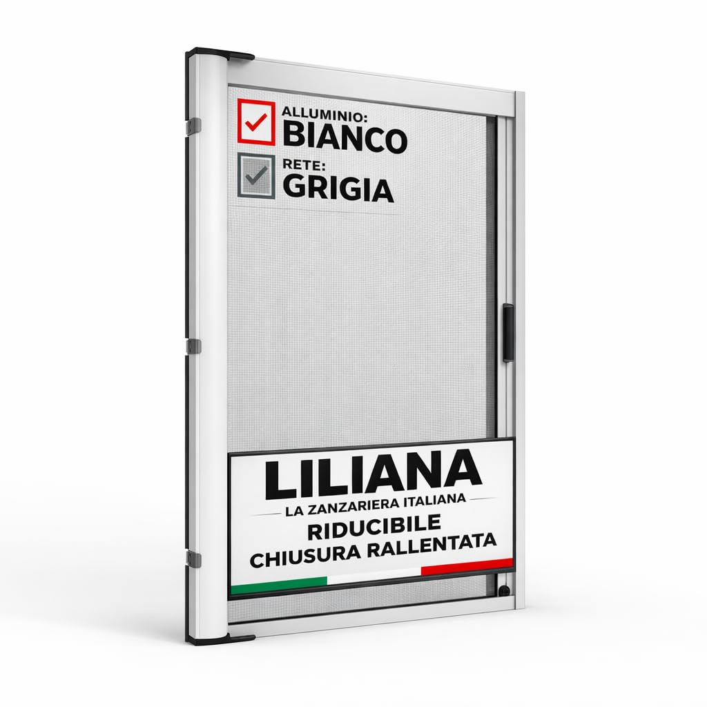 Zanzariera a Rullo "LILIANA" L 150 x H 250cm Laterale Riducibile per Porta Finestre Con Chiusura Rallentata e Magnetica - Bianca RAL9010 con Rete in Fibra di Vetro Grigia - Made in italy