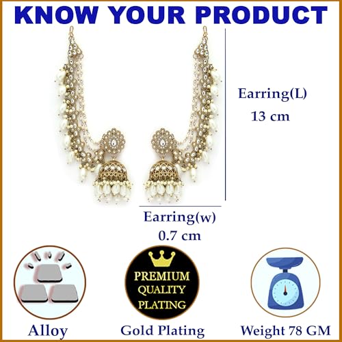 Image of Zeneme Traditional Gold Plated White Kundan Pearl Beaded Jhumkas With Multi Layered Ear Chain Earrings for Women & Girls