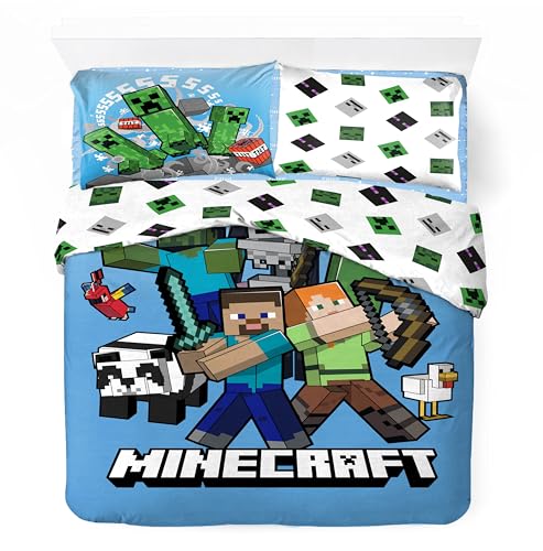 Parure Housse de Couette Minecraft en Coton 2 Personnes, Parure de lit Réversible 240x220 cm, 2 Taies d'oreiller 65x65 cm, 100% Coton (Parure Minecraft)