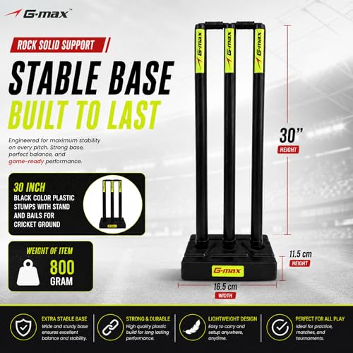 Image of G-Max Cricket Wicket Set - 30 Inch Plastic Stumps with Stand & Bails | Durable Cricket Wickets for Ground, Match, Tournament, Practice | Standard Size Cricket Kit for All Ages (Black)