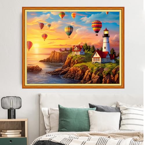 Image of Dimxvean Stamped Cross Stitch Kits,Cross Stitch Kits for Adults Beginners,Embroidery Kits Full Range of Cross Stitch Stamped Kits Needlepoint Kits Cross Stitch Patterns-Seaside Lighthouse 16x20 inch