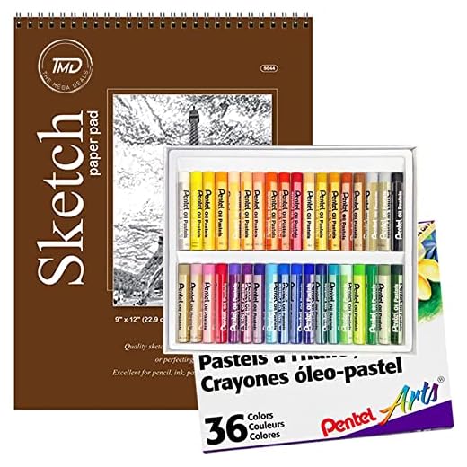 Pentel Oil Pastels 36 Colors Soft Oil Pastels, Oil Pastels For Artists, Oil Pastel Paper Pad 9"x12" Spiral 30 Sheets, Oil Pastels Art Supplies