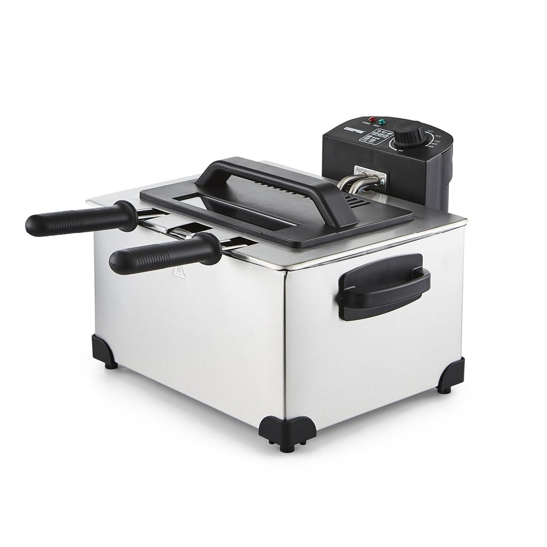 GEEPAS Deep Fat Fryer with Triple Baskets | Large 5L Electric Fryer with Viewing Window, Adjustable Temperature Control | 4L Large Basket & 2L Each 2 Small Baskets | Stainless Steel, Silver 2000W