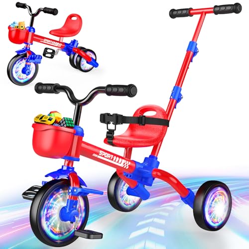 HappyGoLucky 5 en 1 Tricycle évolutif Enfant, Draisienne 1-5 Ans-Roues Lumineuses/Poignée Parentale/Sièges&Pédales Réglables, Jouet Cadeau Enfant Garcon...