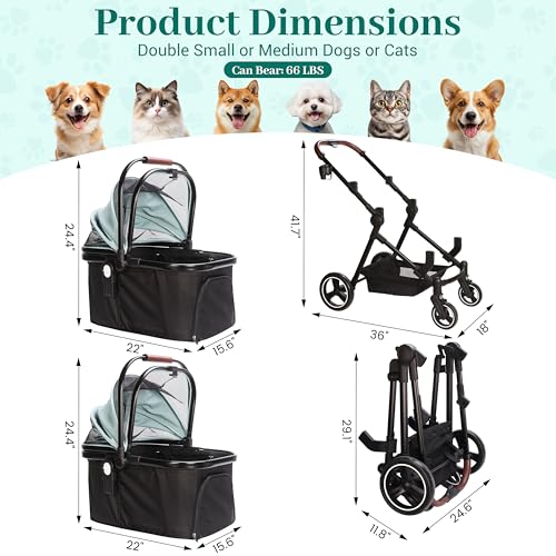 Image of Foldable Double Pet Stroller for 2 Small Medium Cats Dogs | Convertible single /double | Detachable carriers | All-terrain wheels & shock | Safety brakes & tether | Breathable oxford