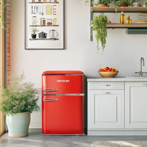 Cecotec Kleiner Kühlschrank - 2-türiger Kühlschrank - Retro 86L - Bolero CoolMarket 2D Origin 86 Red E. 89,3 cm Höhe und 48,7 cm Breite, Energieklasse E, Eisfach, Innenbeleuchtung und Chromgriff, Rot