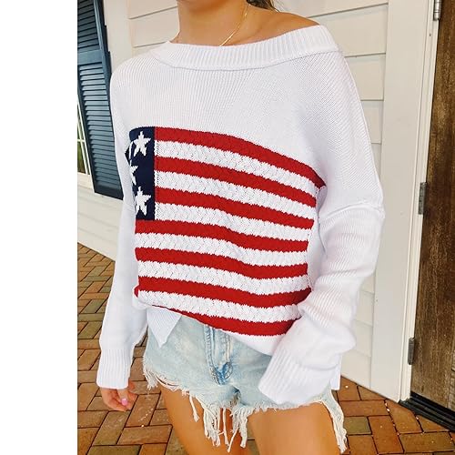 Image of KMBANGI Women American Flag Sweater Graphic Loose Vintage Long Sleeve Crewneck Knitted Jumper Top Patriotic Pullover