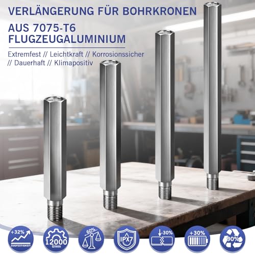 500mm Diamantbohrkrone Verlängerung aus Aluminiumlegierung, Robuste und Leicht | Anschluss 1 1/4’’ UNC | IPX7 | für Kernbohrgerät Kernbohrer Diamantbohrkronen Dosenbohrer Kernbohrkrone (1 Stück)
