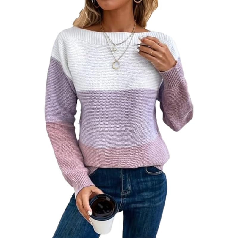 Women's Contrast Color Knitted Pullover Sweater with Round Neck for Autumn and Winter