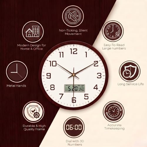 Image of STAR WORK Silent Non-Ticking Wall Clock 12 inch Inch Analog Clock & LCD Display | Calendar Date, Day, Temperature, Operated Decorative Clock for Living Room, Kitchen, Bedroom,Office (White Brown Digital)
