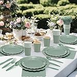 350 Pcs Sage Green Plates and Napkins, 50 Guest Spring Party Supplies Include Scalloped Paper Plates Napkins Cups Plastic Spoons Forks Knives Disposable Tableware Set for Baby Shower - Image 5