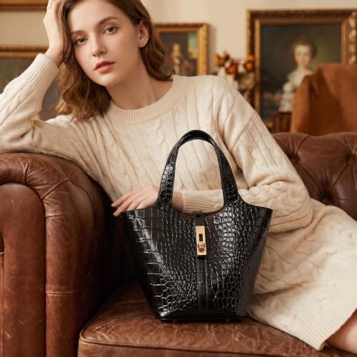 Image of Tote Bag for Women Vegan Leather Bucket Purse for Women Top Handle Handbag Shoulder Bag with Detachable Small Purse