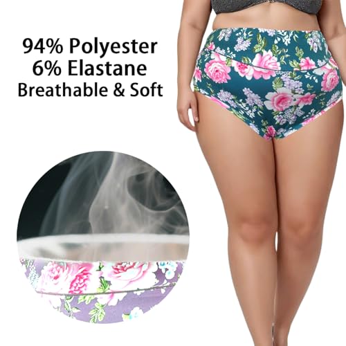 Women's Underwear Plus Size XL-6XL Panties Briefs High Waist Rose Floral Print 6 Pack Undies3