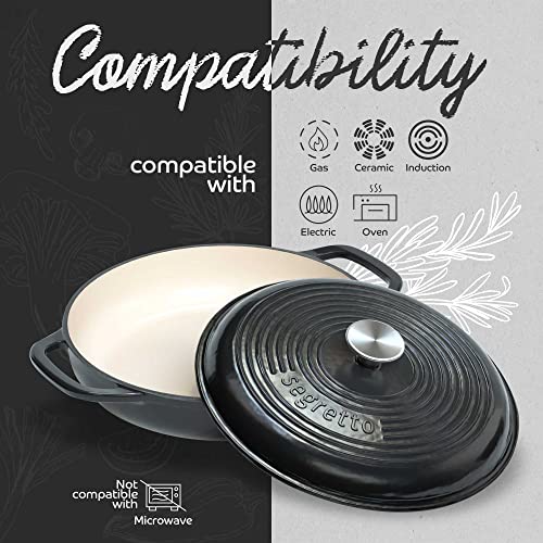 Segretto Cookware 3.6 Qt Braiser Enameled Cast Iron Casserole Pan With Cover, Nero (Black) Cast Iron Braiser Pan With Lid, Lasagna Pan Enamel Cast Iron Cookware | Enameled Cast Iron Skillet With Lid #TOP4