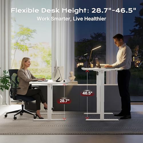 Image of Huuger Electric Standing Desk with Power Outlets and USB-C Port, 39 X 24 Inch Height Adjustable Desk, Sit Stand Desk for Home Office, Computer & Gaming Desk with 4 Presets, Stable Steel Frame, White