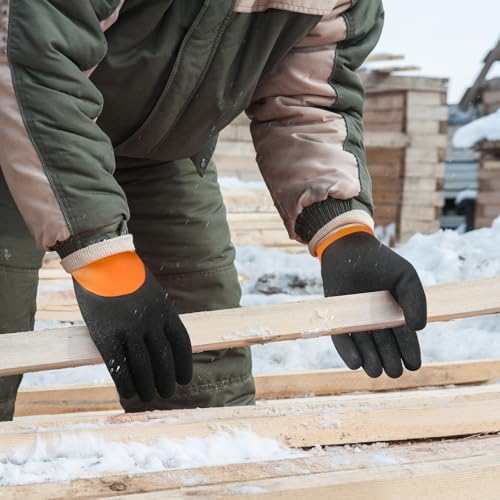 Image of Kebada T2 Waterproof Winter Work Gloves for Men and Women, 1 Pair, Orange | Medium, thermal insulated freezer gloves, wrist closure, latex coating, secure grip. Ideal for freezer work and cold weather