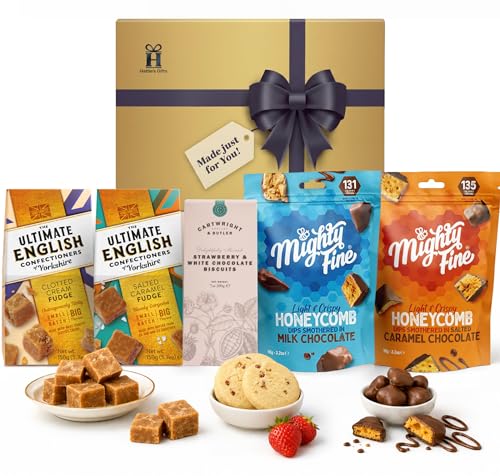 Hatties Gifts Sweet Treat Hamper Chocolate Honeycomb & Fudge Gift Box with Cartwright & Butler Biscuits Luxury Sweet Selection Box & Gourmet Food Gifts