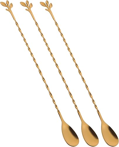 AnSaw Cuchara mezcladora de acero inoxidable de 12 pulgadas, 3 cucharas de barra con patrón en espiral dorado