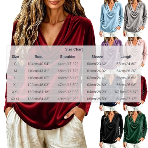 Velvet Tops for Women Draped Cowl Neck Long Sleeve Loose Classy Blouse - image 4