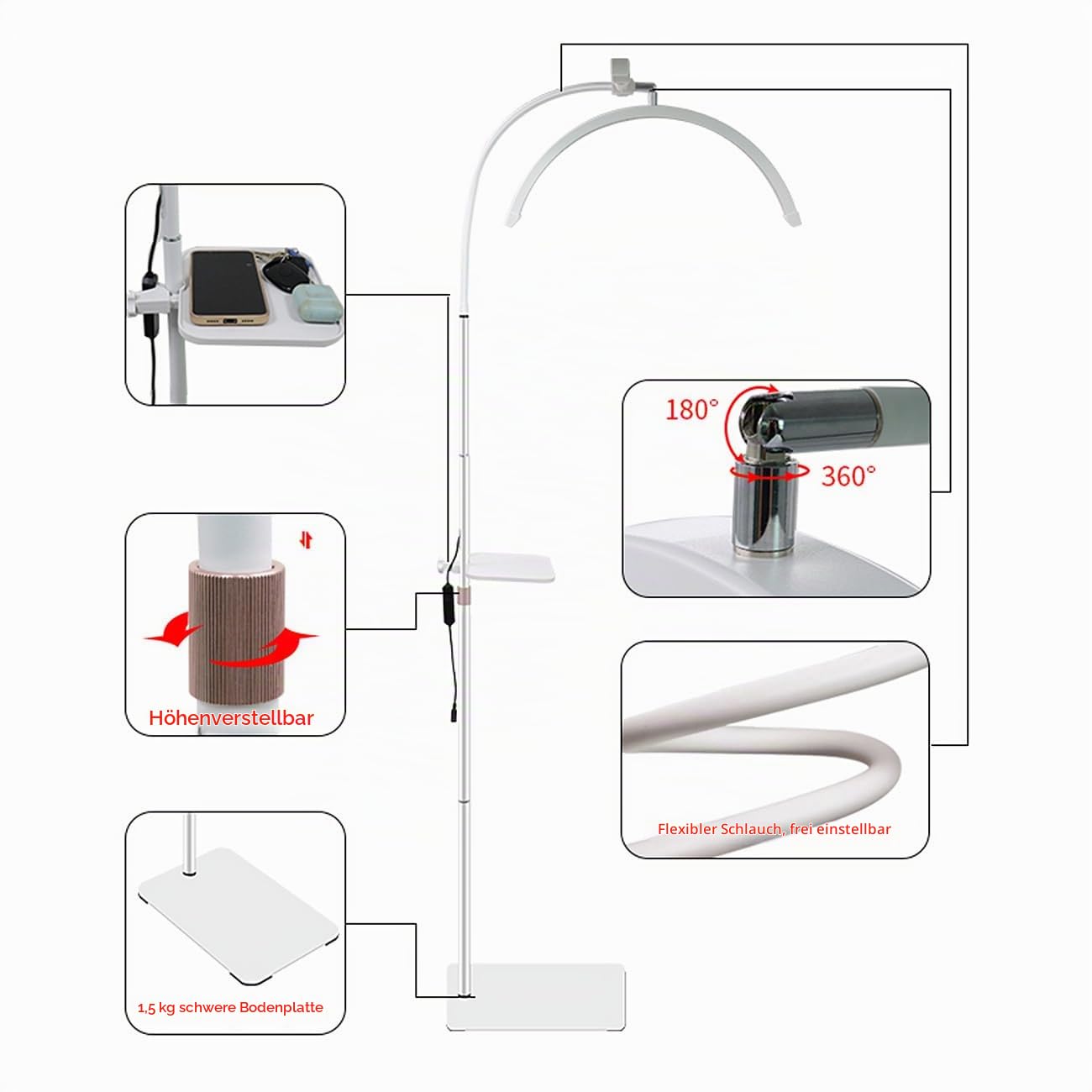 ayex LED Beauty Lampe dimmbar höhenverstellbar U-Bogen Stehlampe mit Ablage Kosmetik Tattoo wimpern weiß 36W